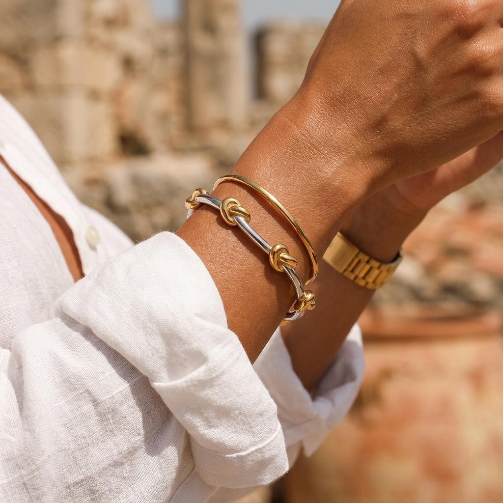 Gold Polished Love Knot Hinged Bangle Bracelet