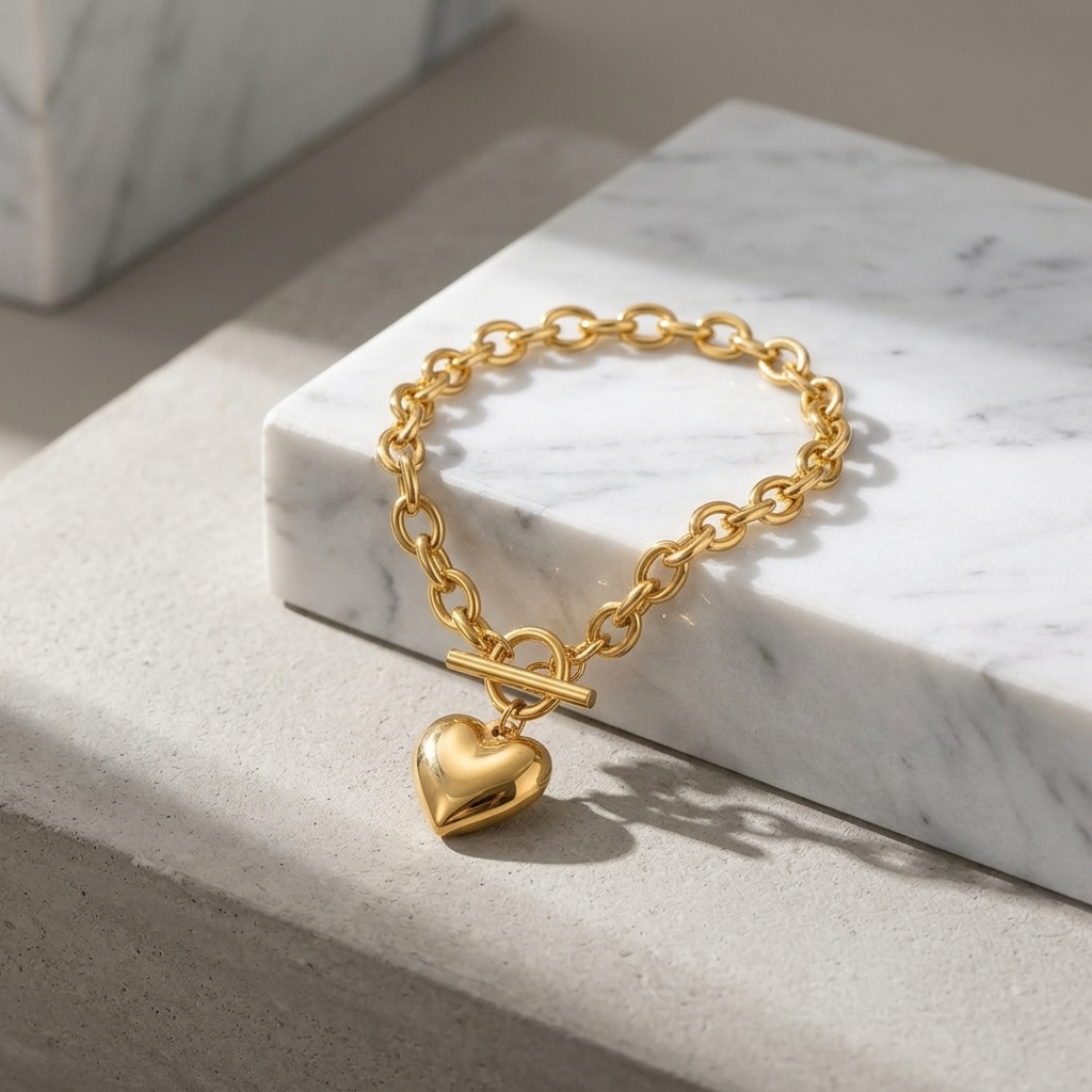 Gold Dainty Beaded Chain Heart Pendant Bracelet