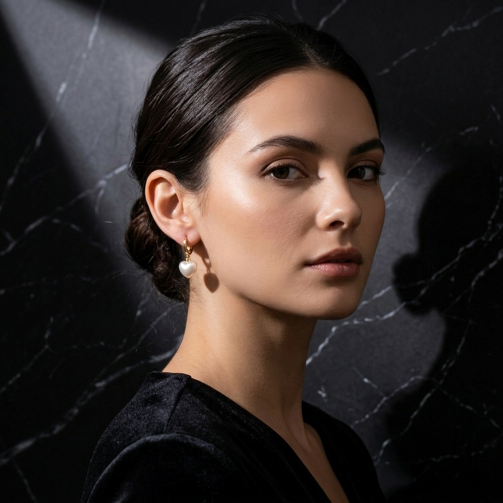 Gold Heart Pearl Drop Huggie Hoop Earrings