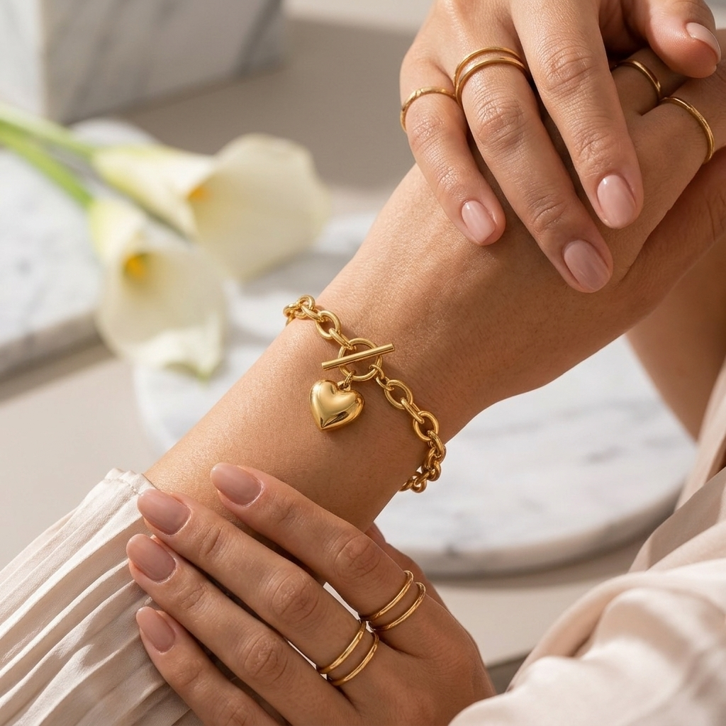 Gold Dainty Beaded Chain Heart Pendant Bracelet