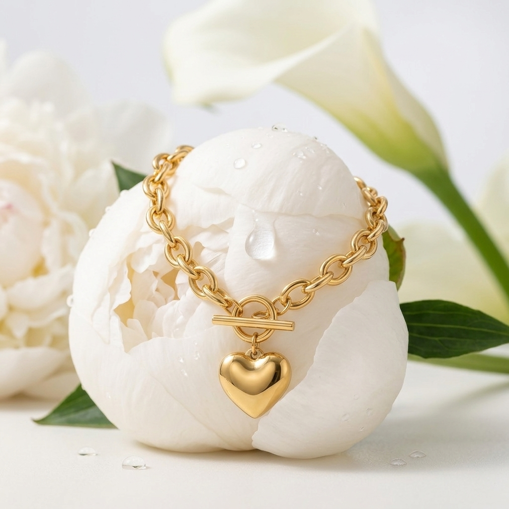 Gold Dainty Beaded Chain Heart Pendant Bracelet