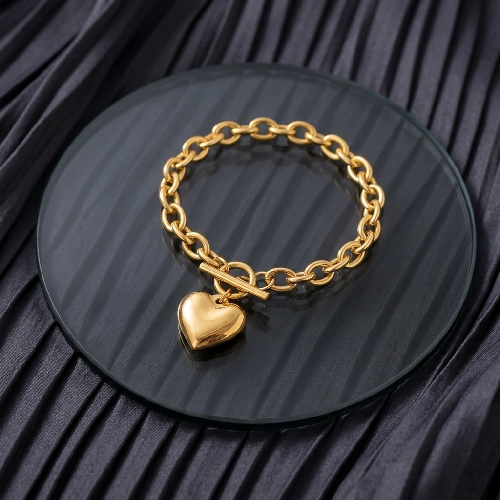 Gold Dainty Beaded Chain Heart Pendant Bracelet
