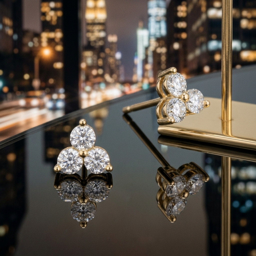Gold Three Stone Crystal Trinity Stud Earrings