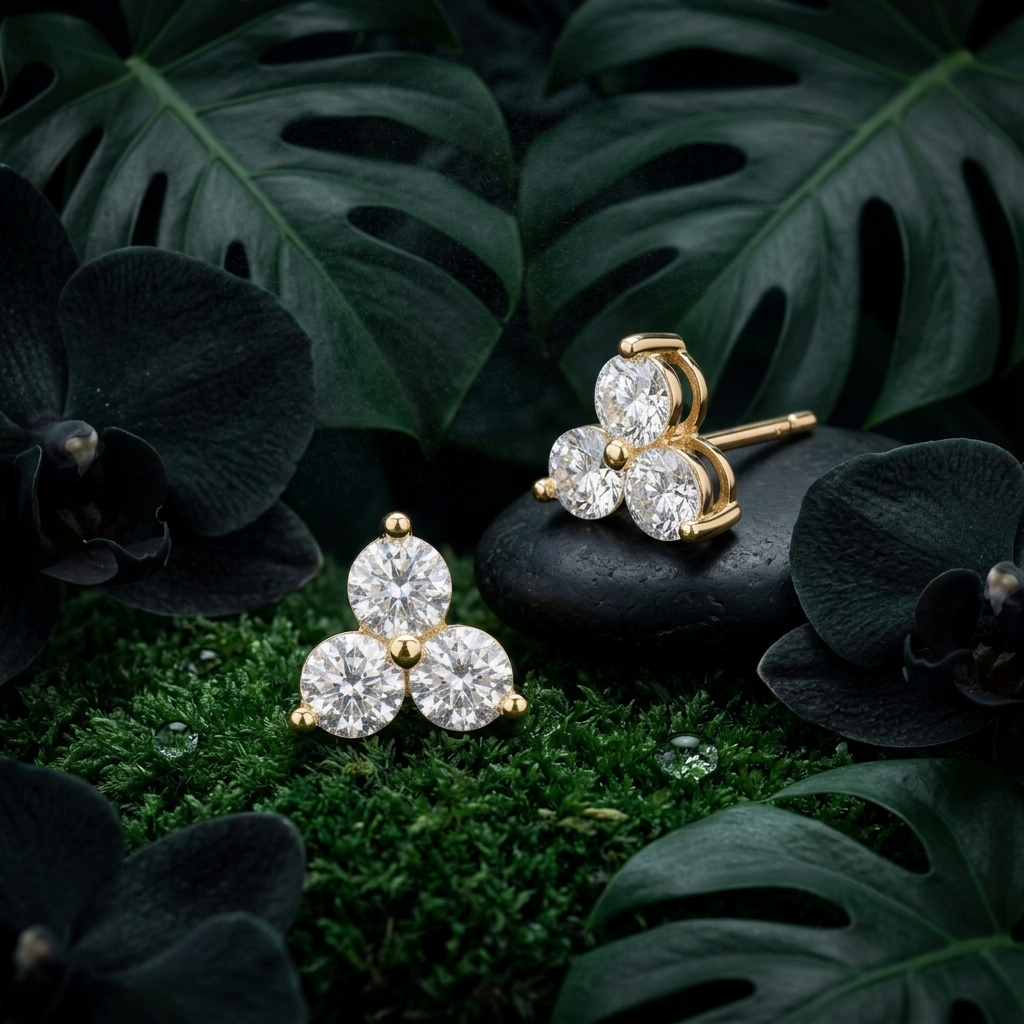 Gold Three Stone Crystal Trinity Stud Earrings