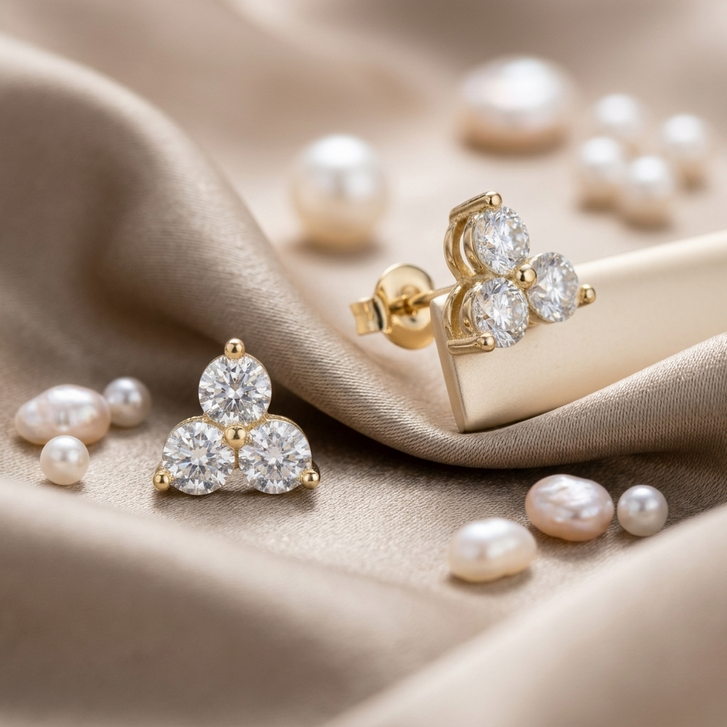 Gold Three Stone Crystal Trinity Stud Earrings