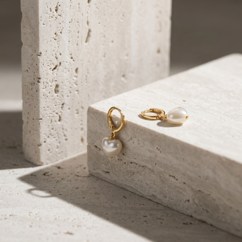 Gold Heart Pearl Drop Huggie Hoop Earrings