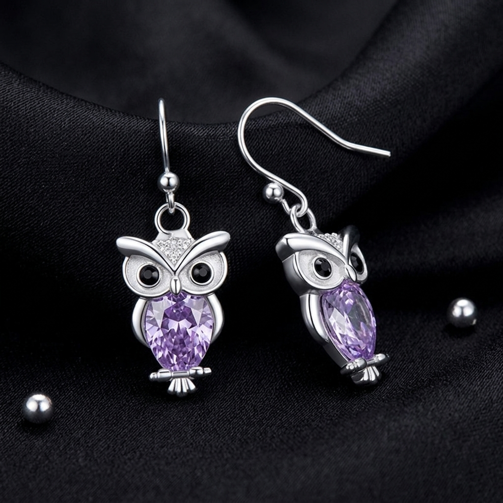 Silver Birthstone Owl Dangle Drop Earrings