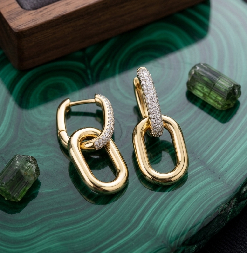 Gold Pave Crystal Paperclip Link Drop Earrings