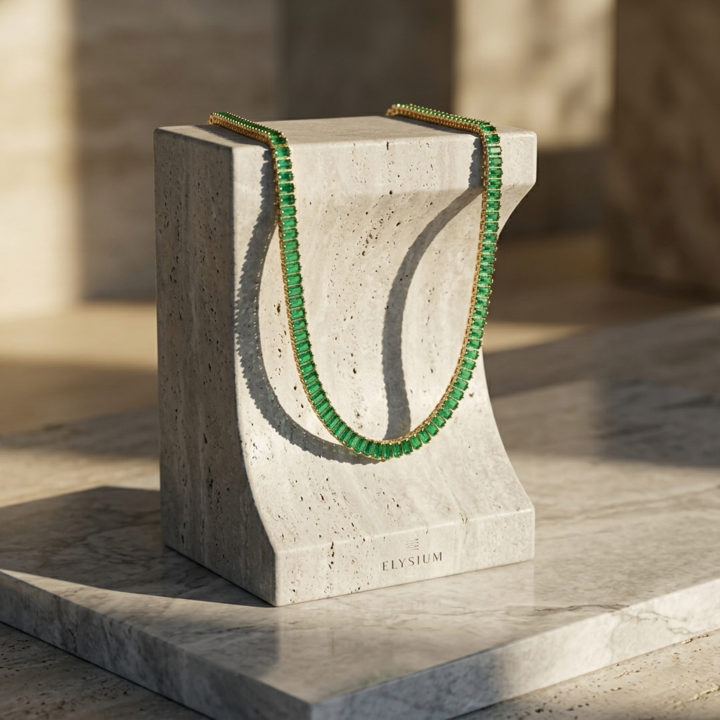 Gold Emerald Green Baguette Crystal Bar Necklace
