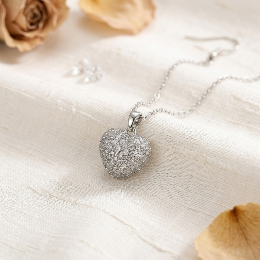 Silver Pave Crystal Open Heart Solitaire Pendant Necklace