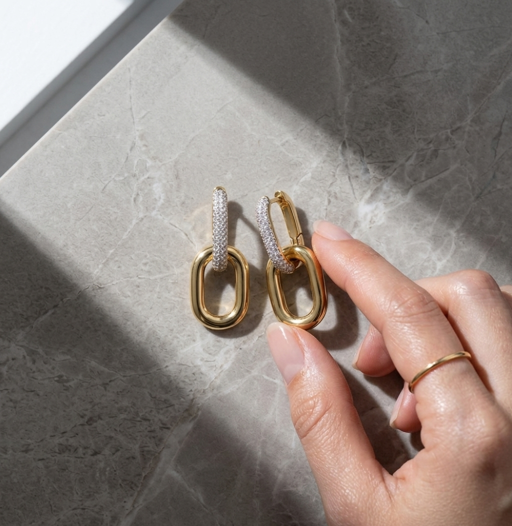 Gold Pave Crystal Paperclip Link Drop Earrings