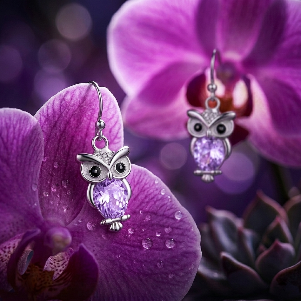 Silver Birthstone Owl Dangle Drop Earrings