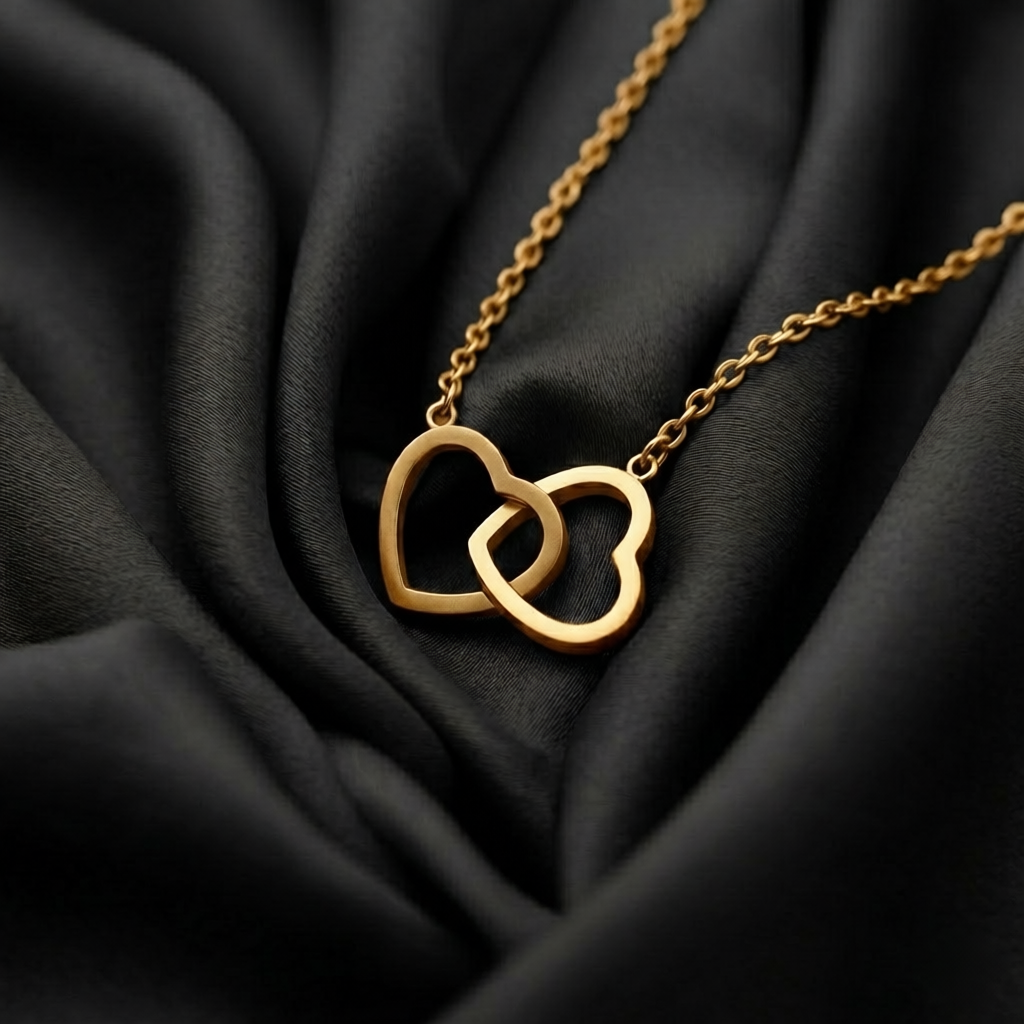 Gold Interlocking Double Heart Charm Pendant Necklace