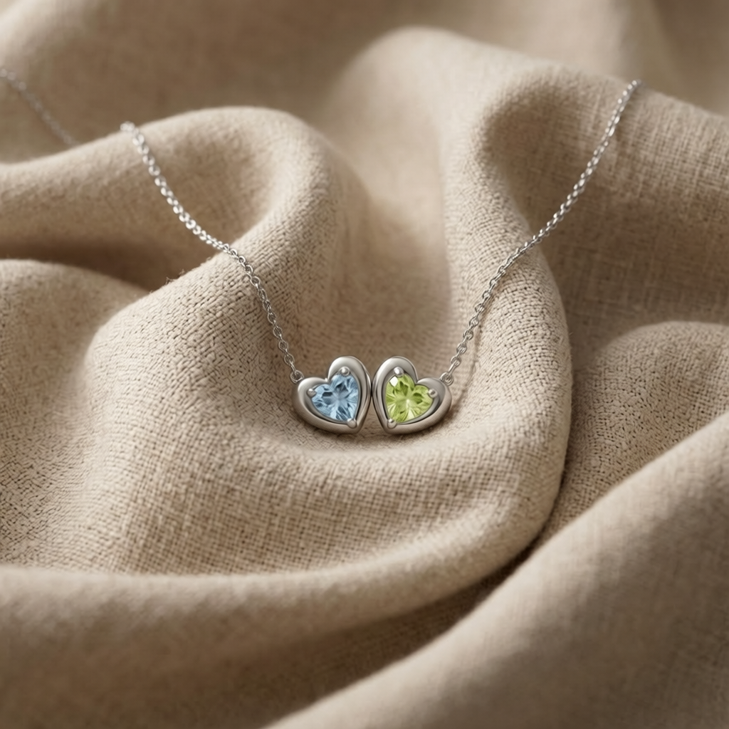 Puffy Heart Pendant with 2 Birthstones