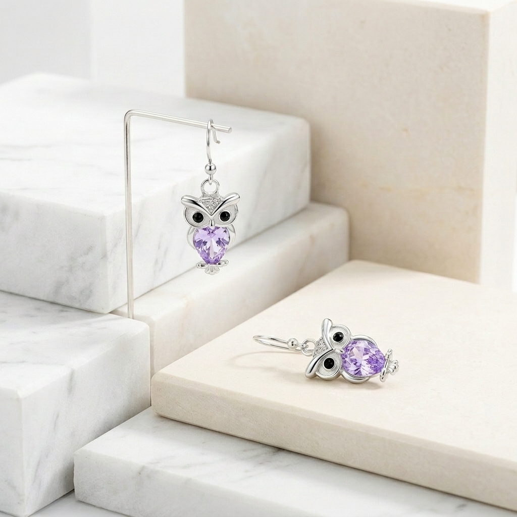Silver Birthstone Owl Dangle Drop Earrings