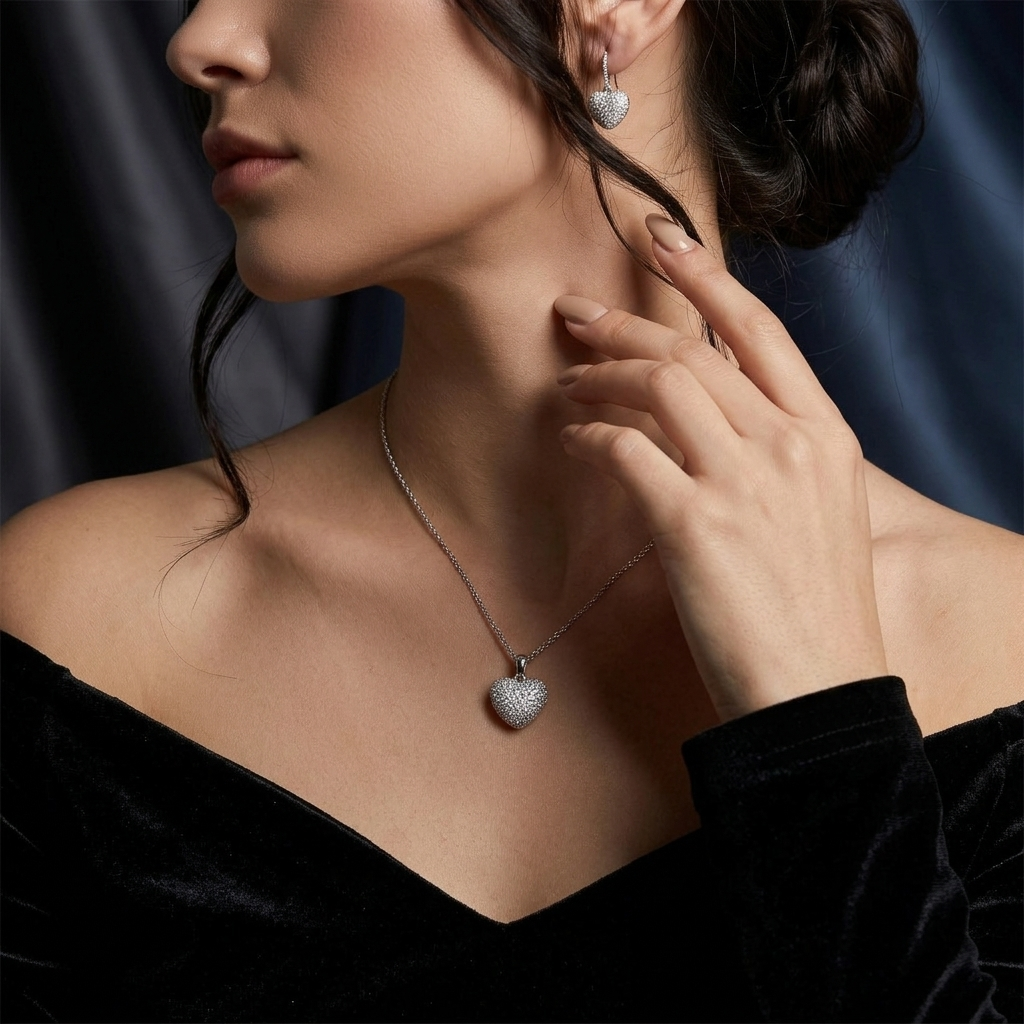 Silver Pave Crystal Open Heart Solitaire Pendant Necklace