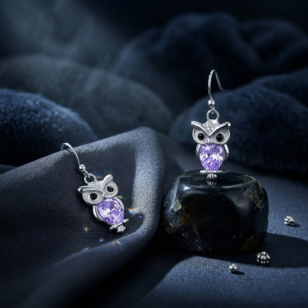 Silver Birthstone Owl Dangle Drop Earrings