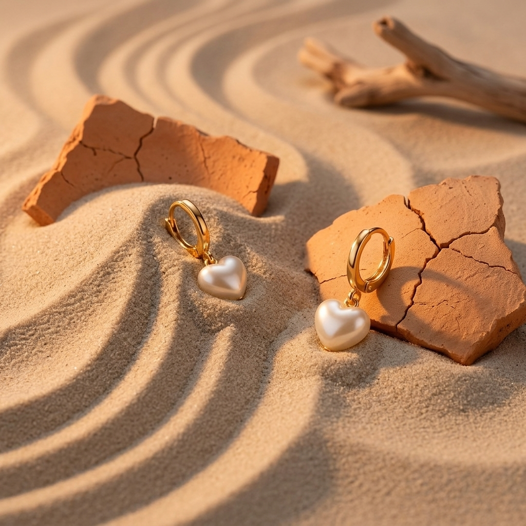Gold Heart Pearl Drop Huggie Hoop Earrings