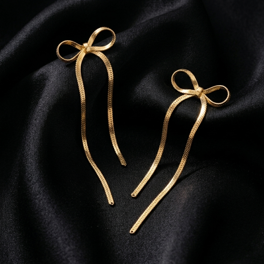Gold Long Ribbon Bow Tassel Drop Earrings