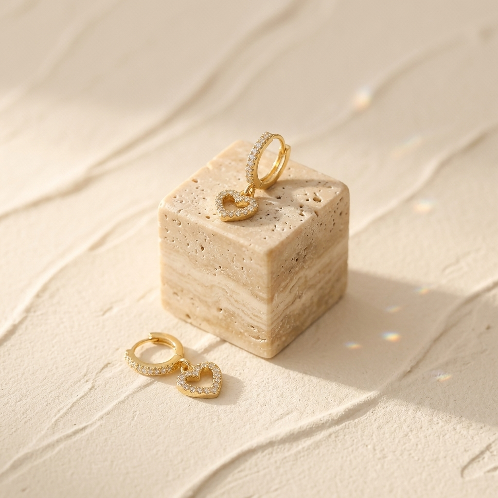 Gold Pave Crystal Heart Drop Huggie Earrings