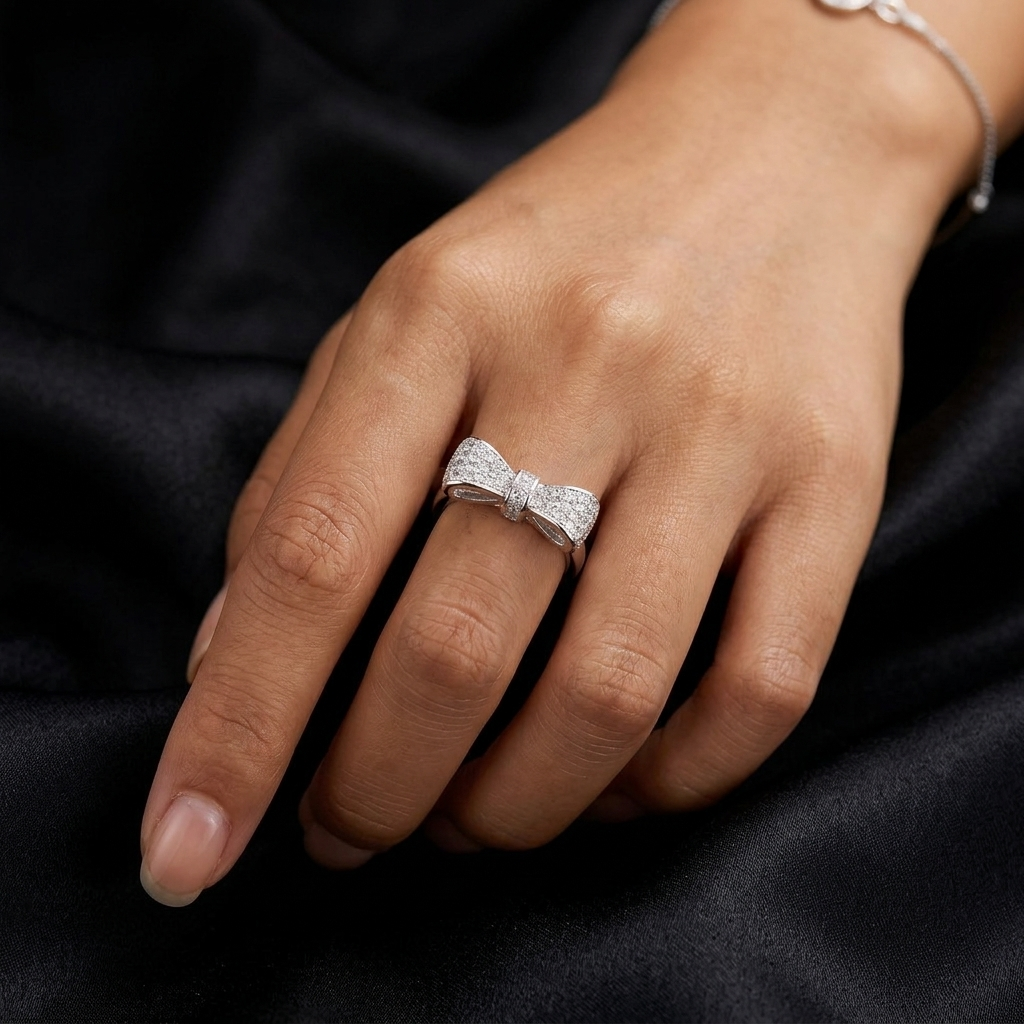 Silver Sparkling Crystal Pave Bow Ribbon Ring