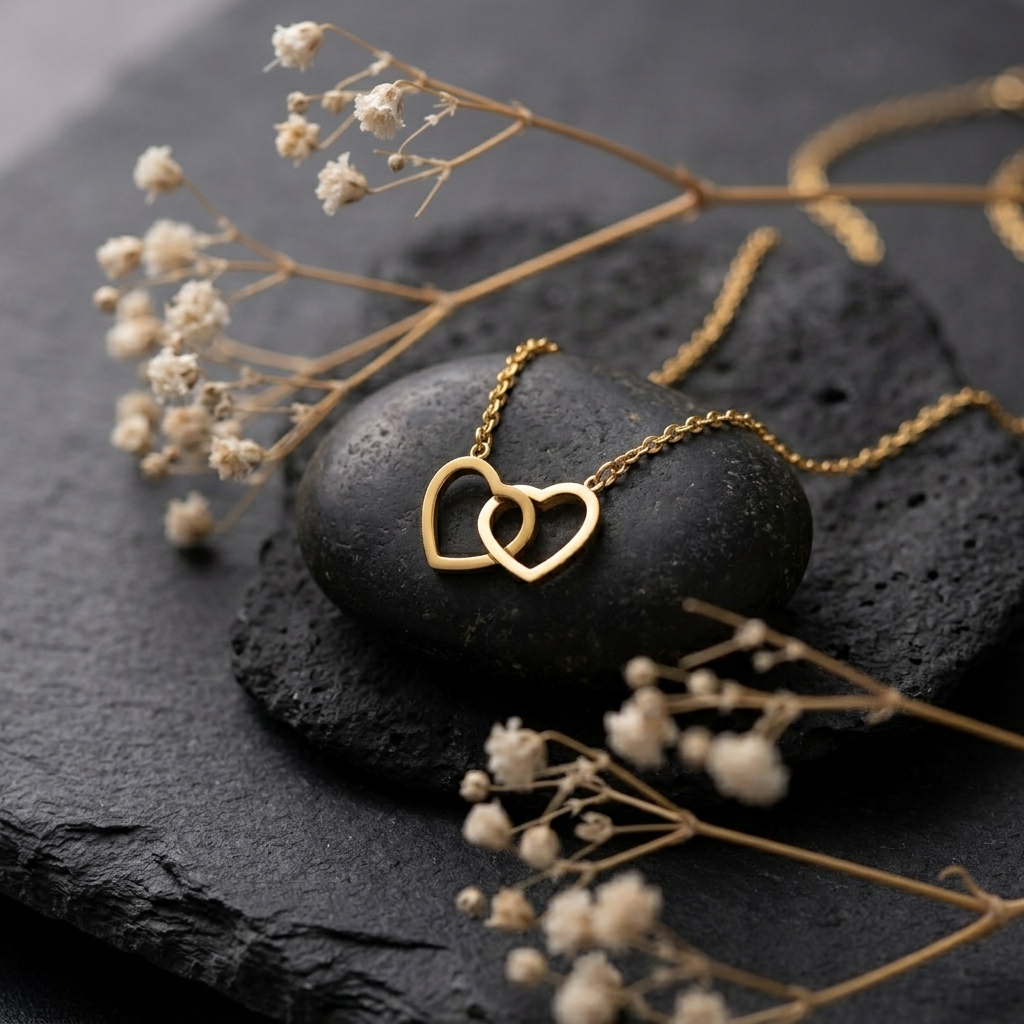 Gold Interlocking Double Heart Charm Pendant Necklace
