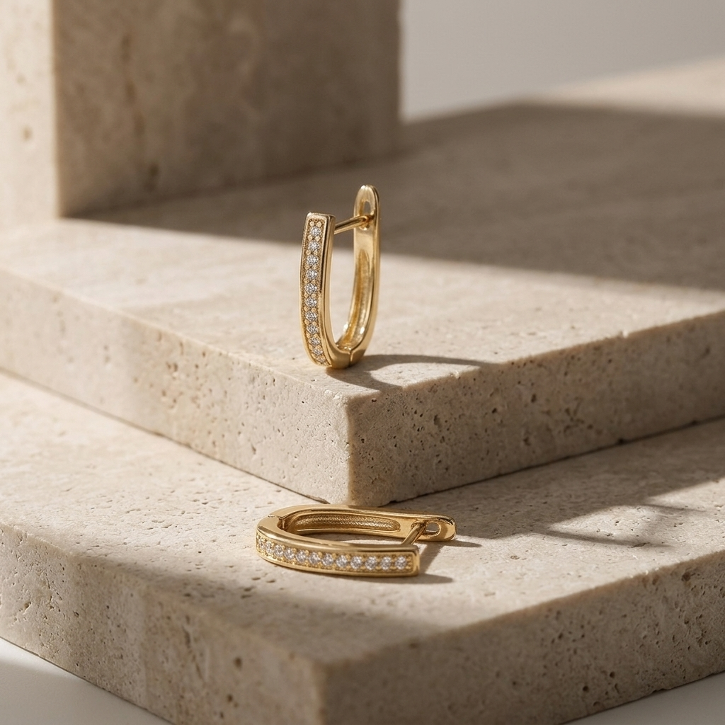 Gold Pave Crystal U-Shape Huggie Hoop Earrings
