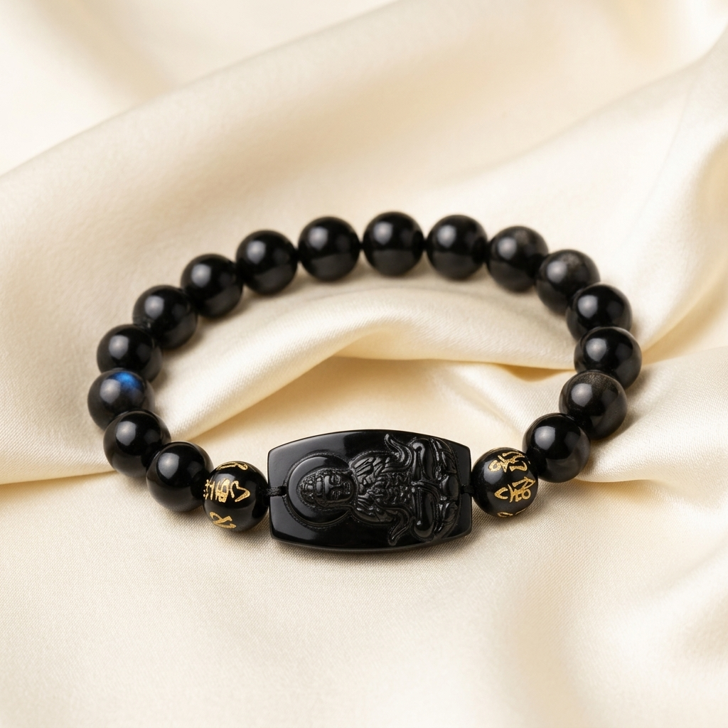 Natural Black Obsidian Buddha Beaded Healing Bracelet