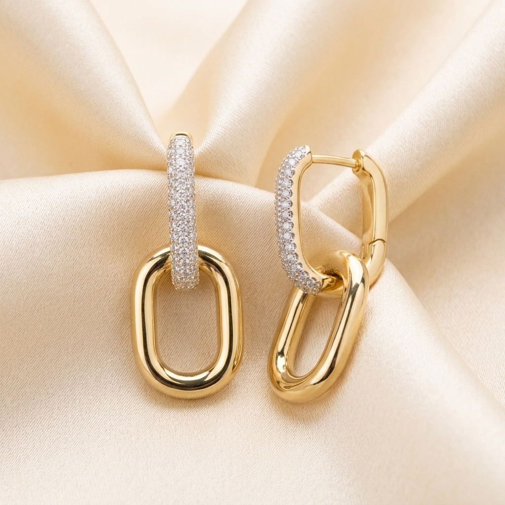 Gold Pave Crystal Paperclip Link Drop Earrings