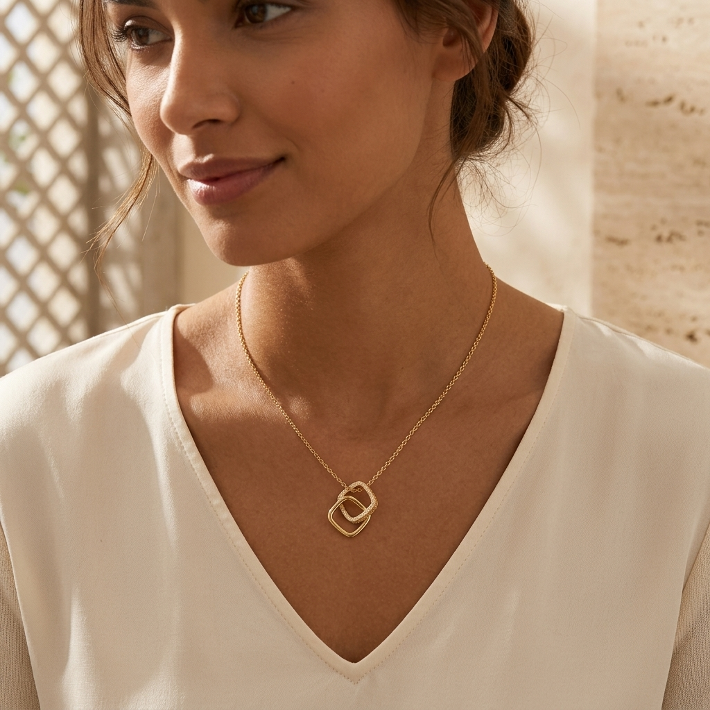 Gold Open Square Double Ring Link Pendant Necklace