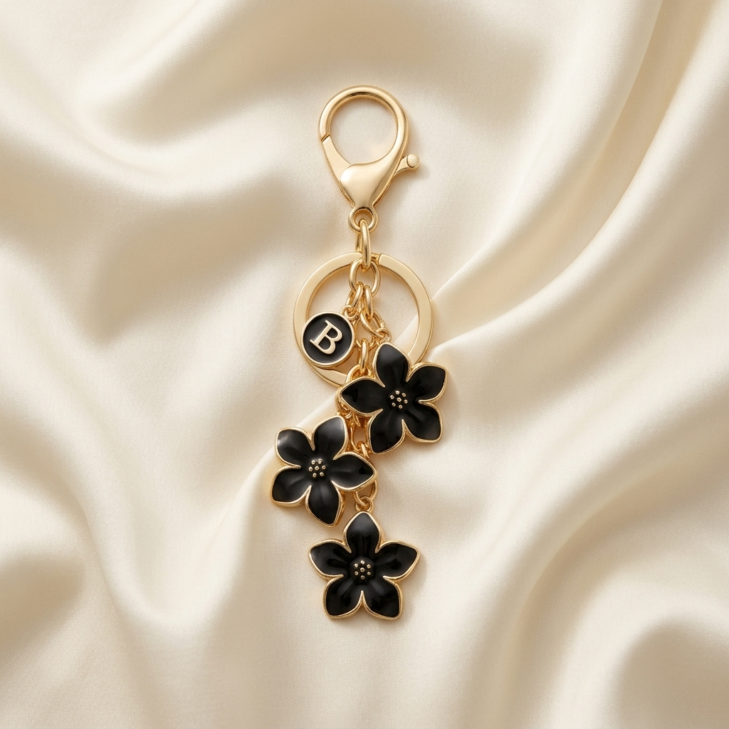 Black Enameled Flower Initial Letter Bag Charm