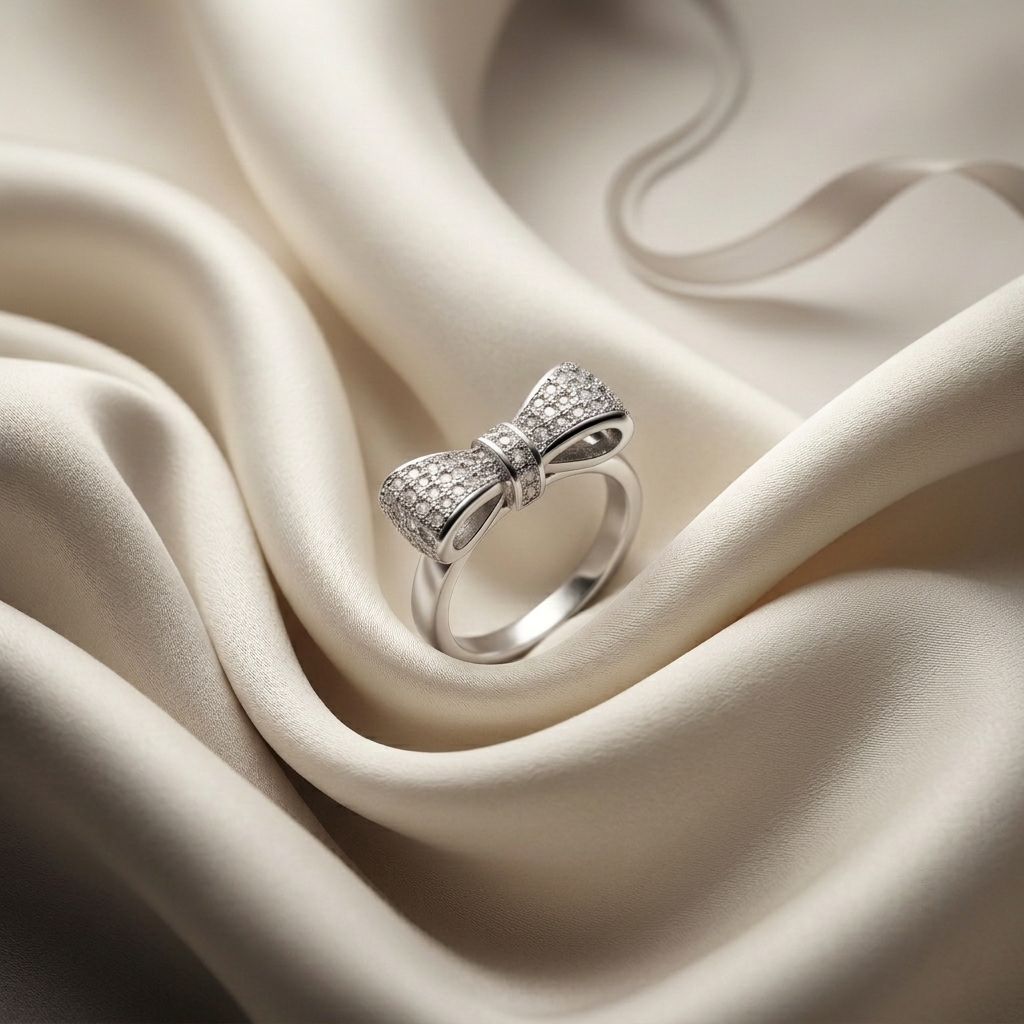 Silver Sparkling Crystal Pave Bow Ribbon Ring