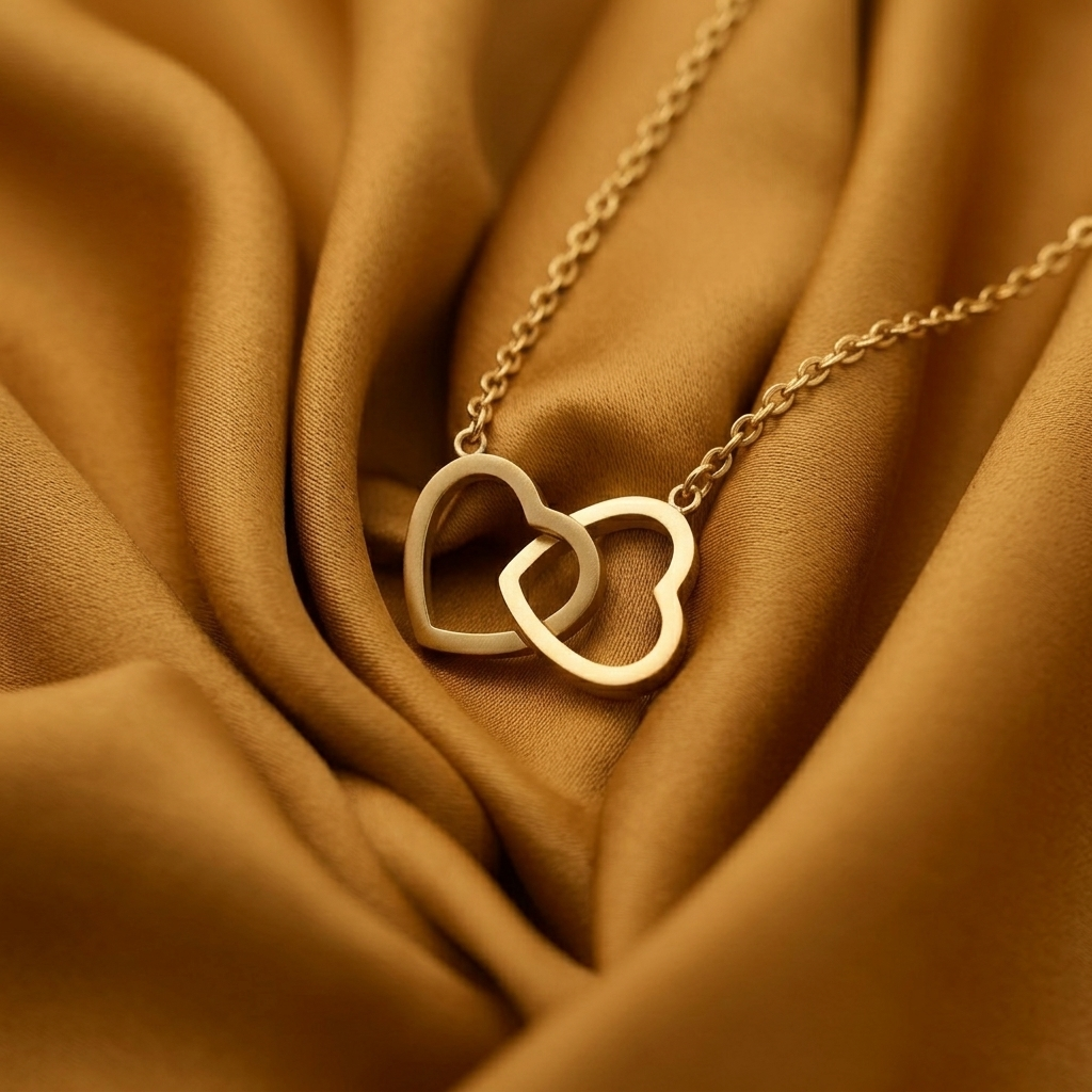 Gold Interlocking Double Heart Charm Pendant Necklace