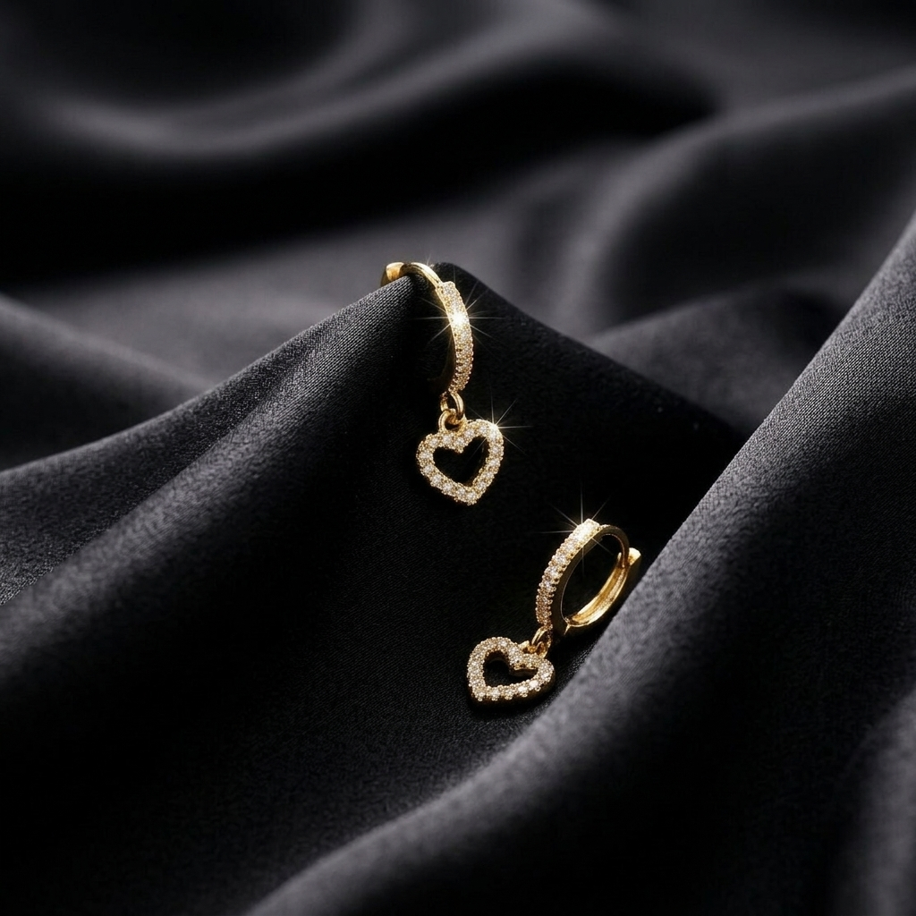 Gold Pave Crystal Heart Drop Huggie Earrings