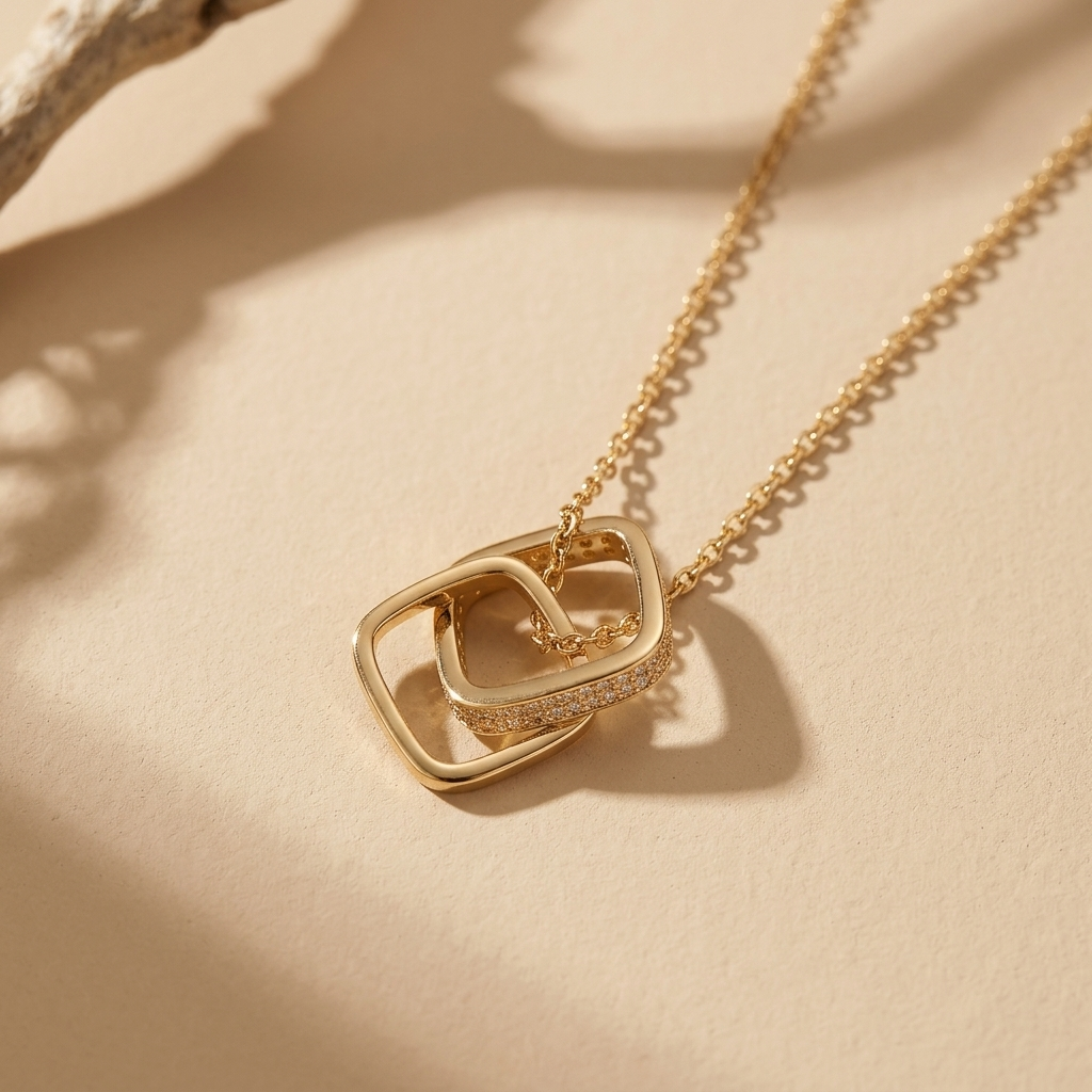 Gold Open Square Double Ring Link Pendant Necklace
