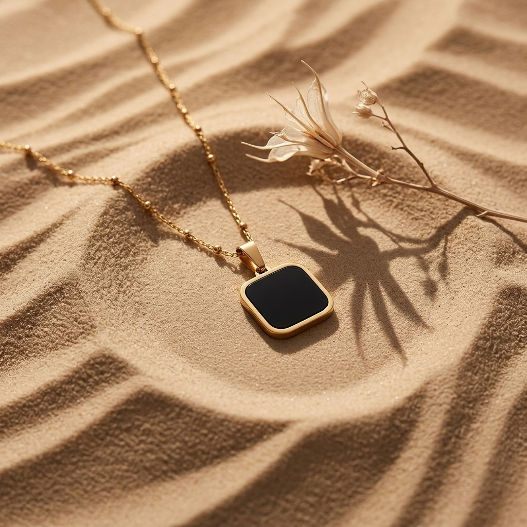 Gold Black Stone Square Onyx Pendant Necklace