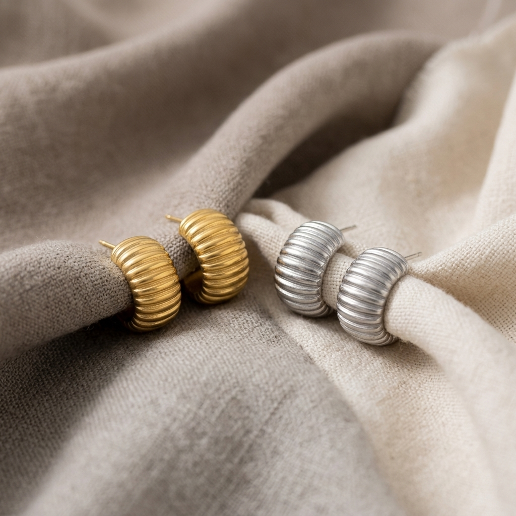 Gold and Silver Ribbed Croissant Hoop Earrings