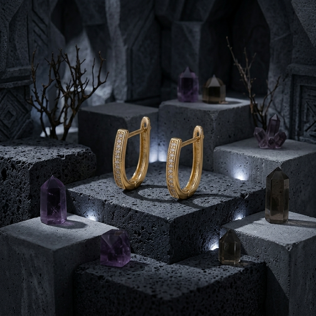 Gold Pave Crystal U-Shape Huggie Hoop Earrings