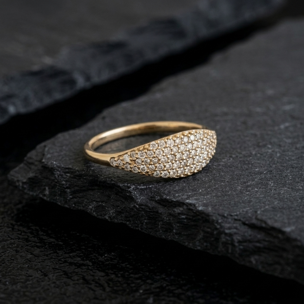Gold Slim Pave Crystal Oval Signet Ring