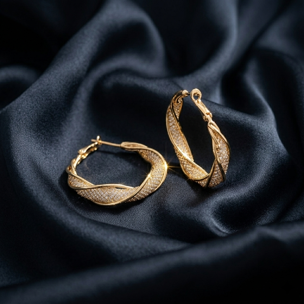 Gold Braided Pave Twisted Hoop Earrings