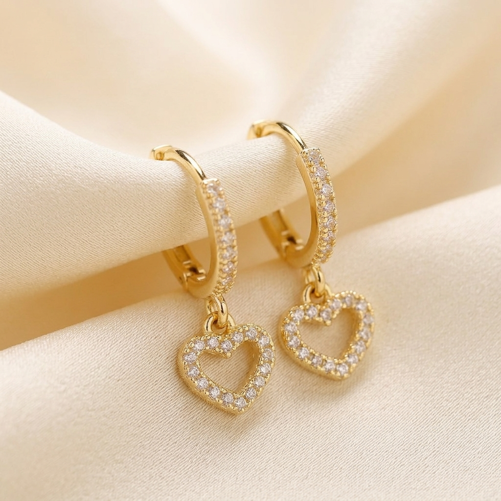 Gold Pave Crystal Heart Drop Huggie Earrings