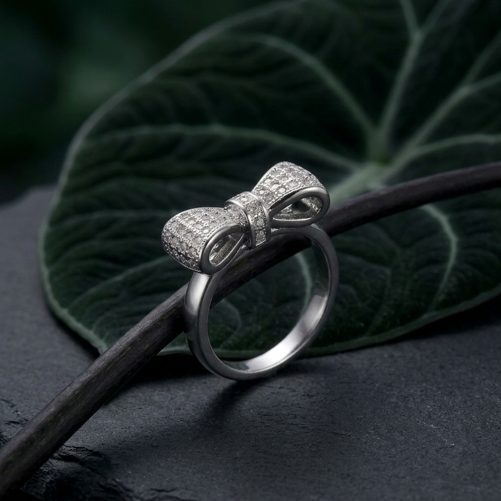 Silver Sparkling Crystal Pave Bow Ribbon Ring