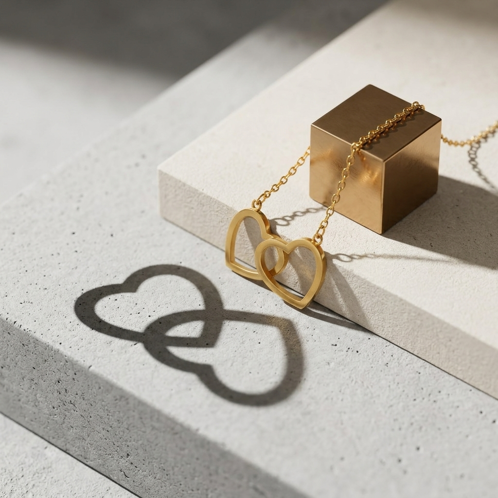 Gold Interlocking Double Heart Charm Pendant Necklace