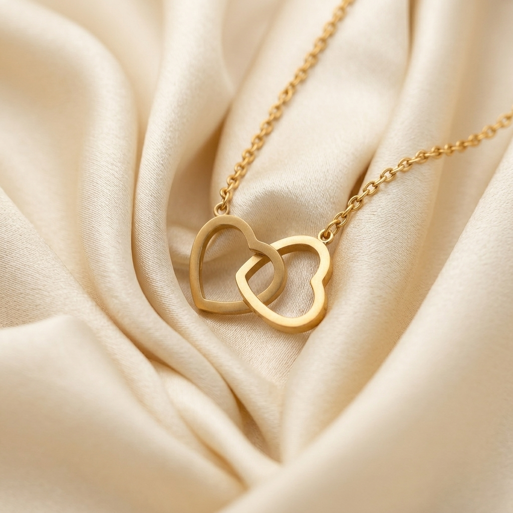 Gold Interlocking Double Heart Charm Pendant Necklace