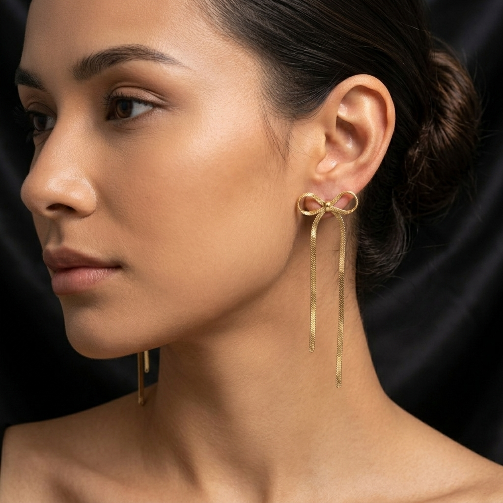 Gold Long Ribbon Bow Tassel Drop Earrings