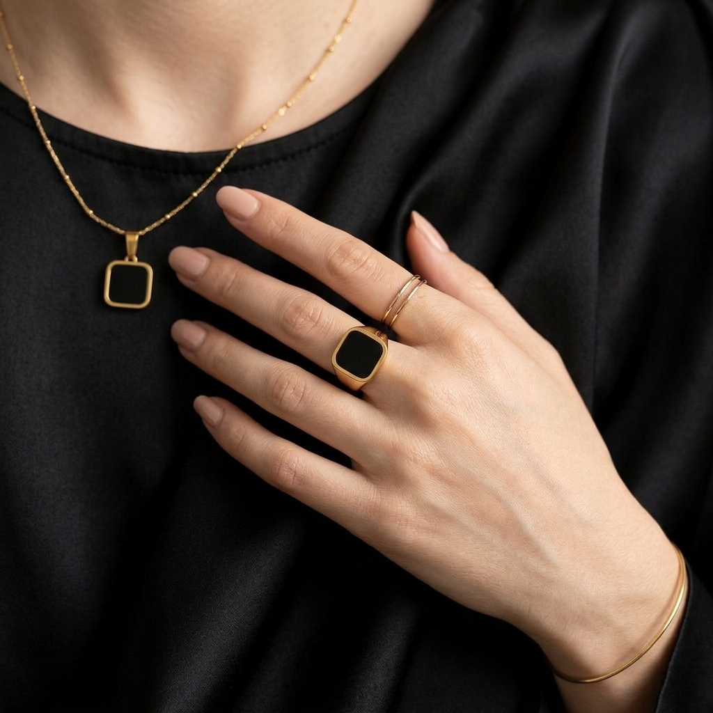 Gold Black Stone Square Onyx Pendant Necklace