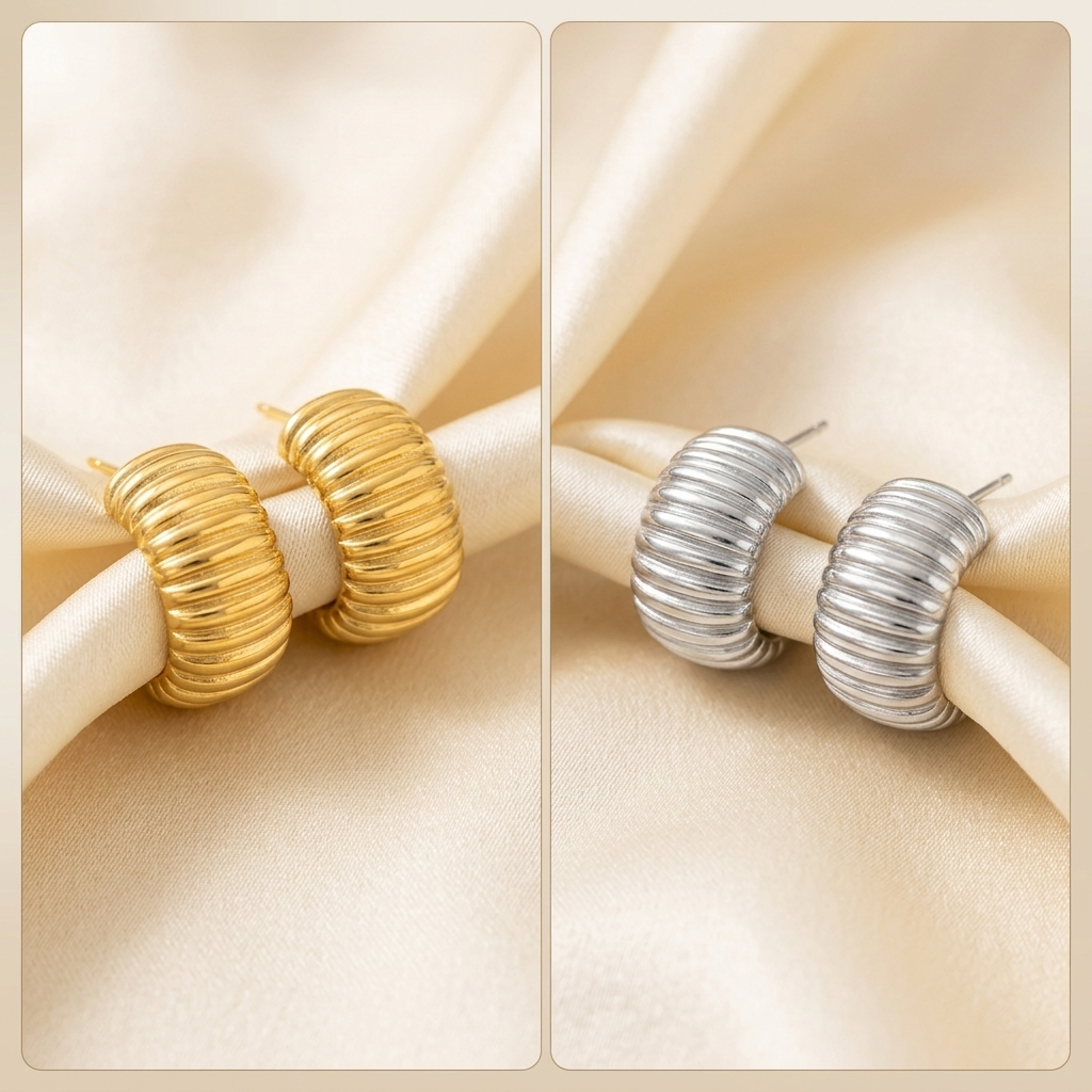 Gold and Silver Ribbed Croissant Hoop Earrings