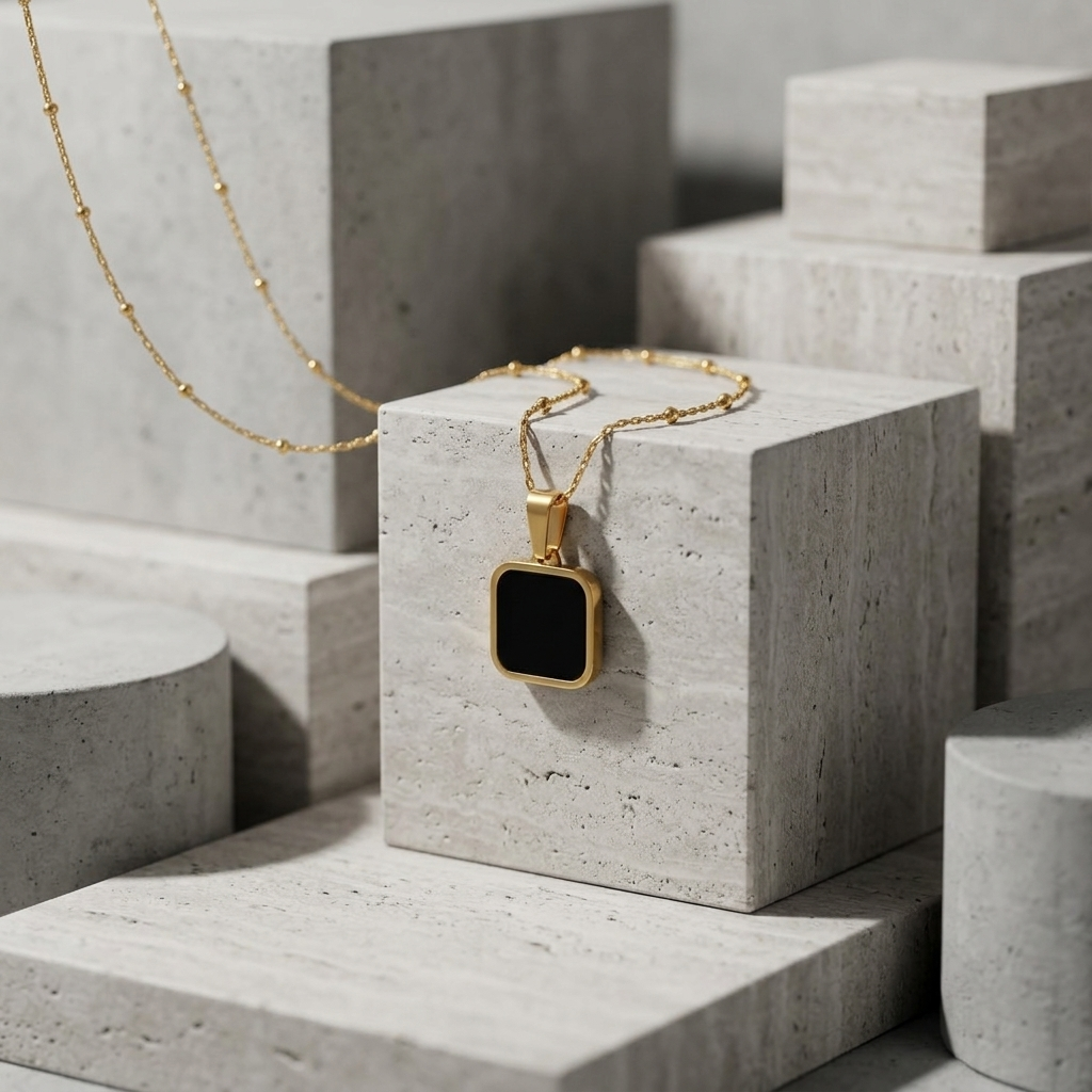 Gold Black Stone Square Onyx Pendant Necklace