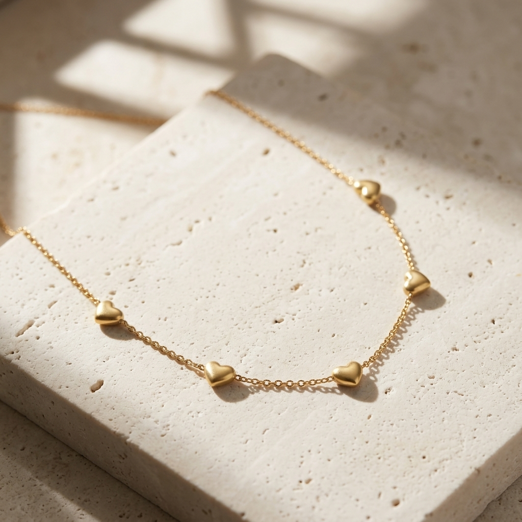 Gold Dainty Heart Station Beaded Layering Necklace