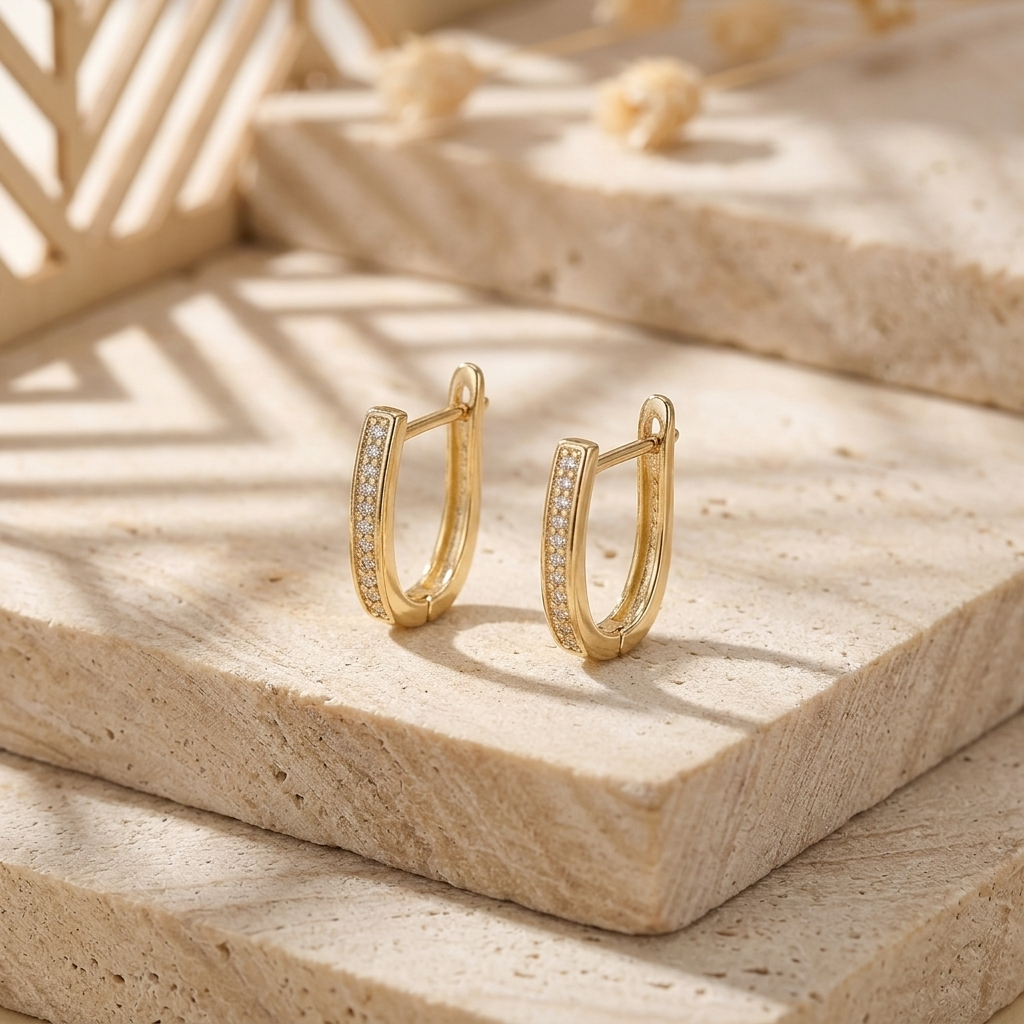 Gold Pave Crystal U-Shape Huggie Hoop Earrings